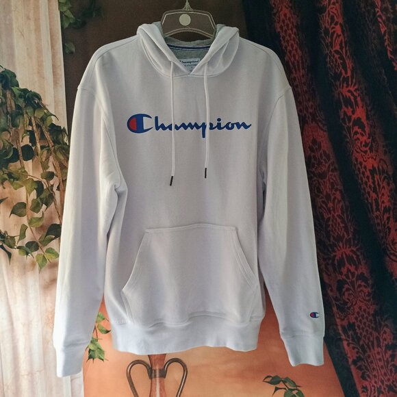EUC: Champion Medium White Powerblend Script Logo Hoodie - Picture 1 of 4
